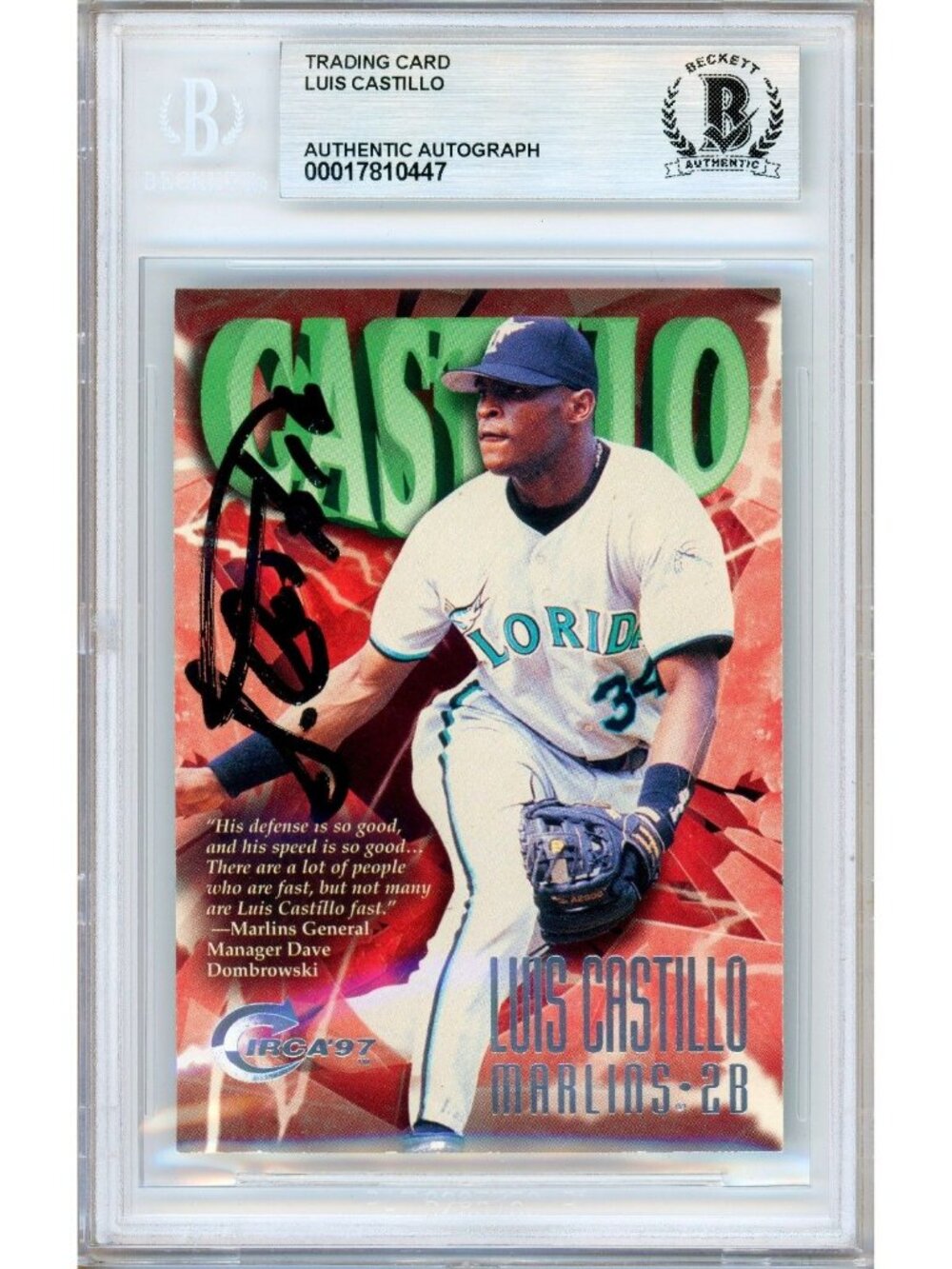 Luis Castillo Signed 1997 SkyBox Circa #358 Marlins Beckett BAS Slabbed Auto MLB